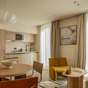 Sala y cocina moderna con muebles de madera y decoraci&oacute;n minimalista.